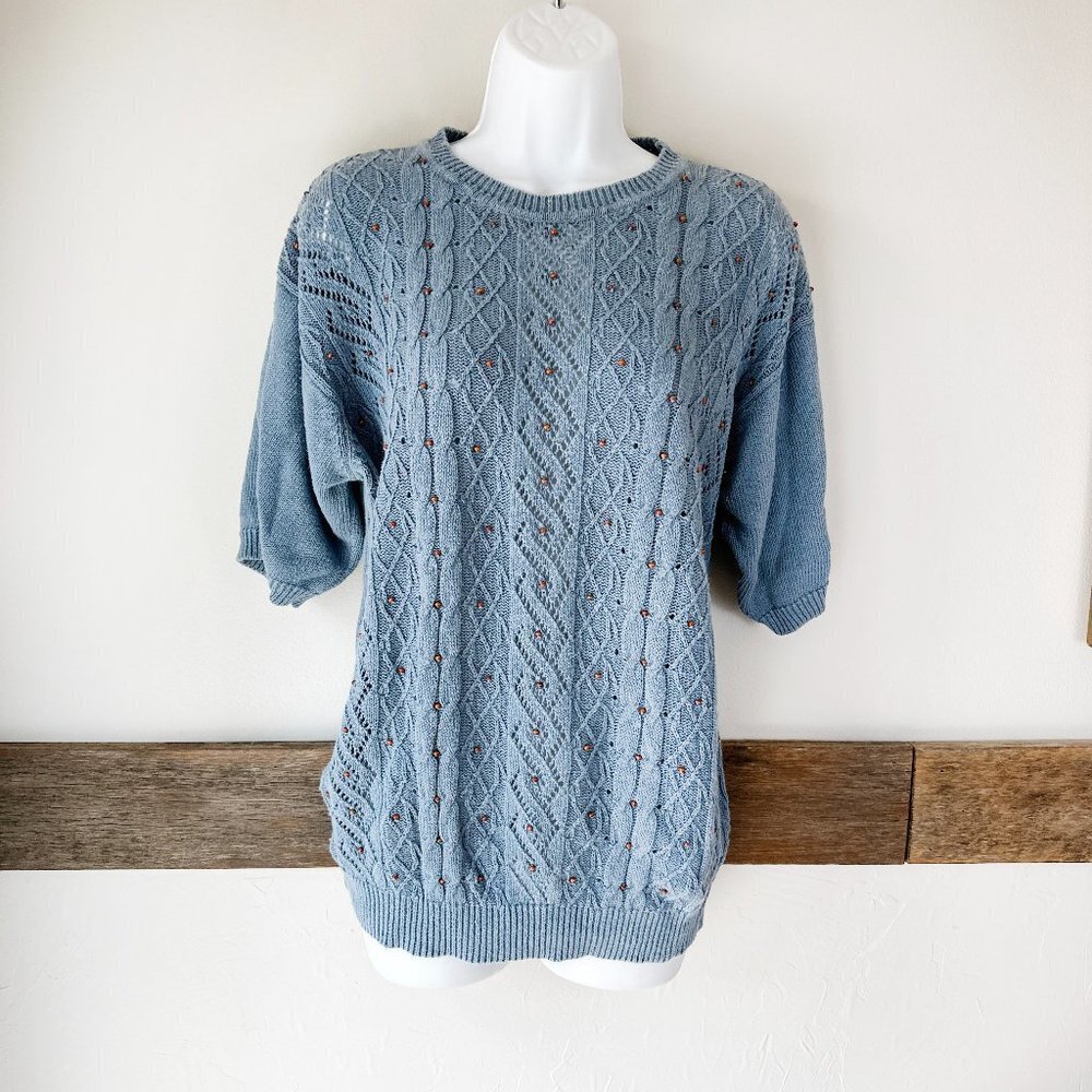 Vintage Alfred Dunner Blue Beaded Sweater‎ Short Sleeves L